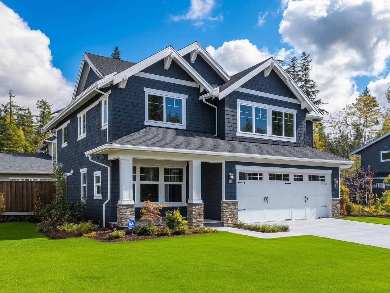 Exterior of a two-story Craftsman-style house with dark navy shingle siding, white trim, and decorative gable braces above stone-clad porch columns. A white two-car garage door with windows and a covered front porch flank the entrance, with landscaped shrubs and a small blue real estate sign in the mulched garden bed. A vibrant green lawn stretches across the foreground under a bright blue sky with fluffy clouds.