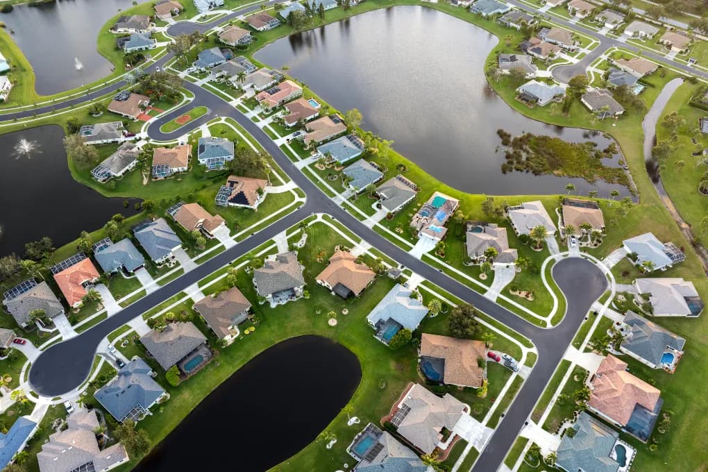 over head image of a neighborhood in the spring time
