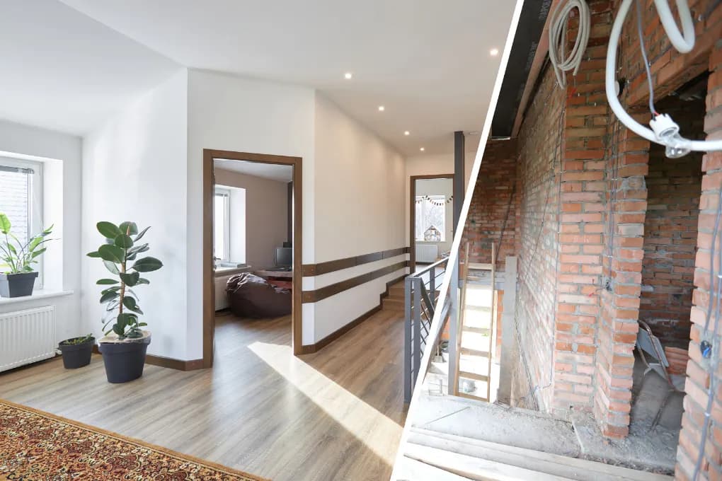 Before and after of home renovation with modern interior.