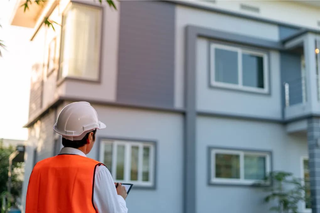 person in hard hat standing in front of apartment building