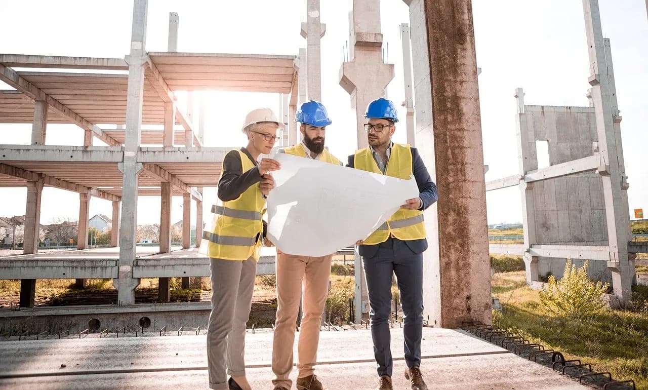 image of 3 people on construction site holding plans