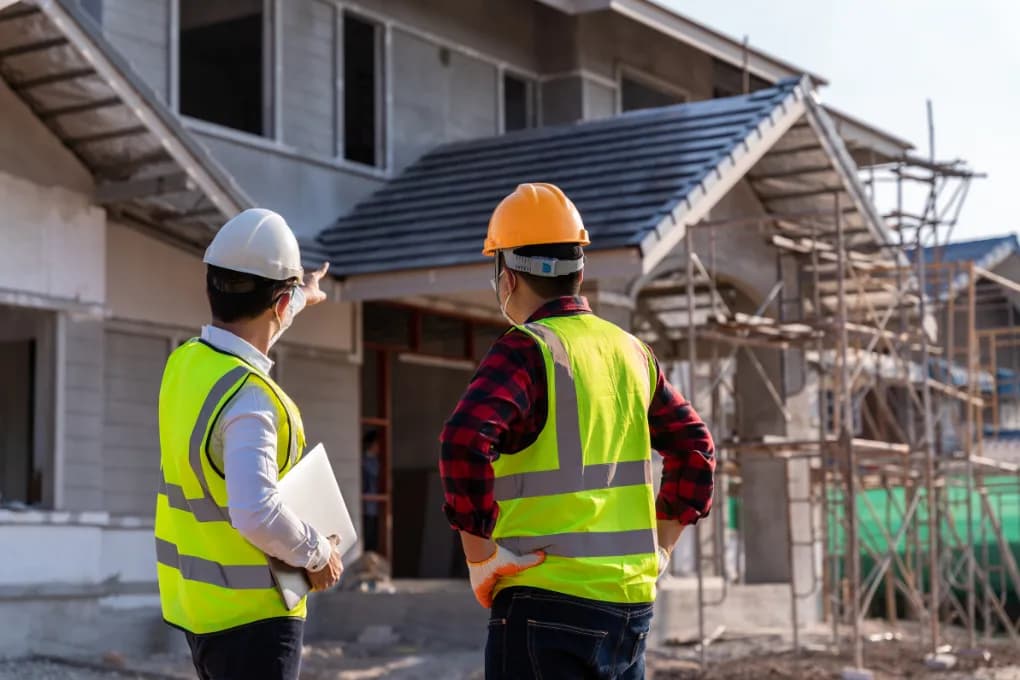 two men in yellow vests and hard hats looking at a home construction site