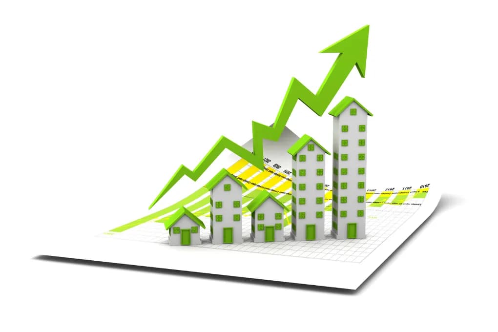 graphic with arrow signaling growth over houses
