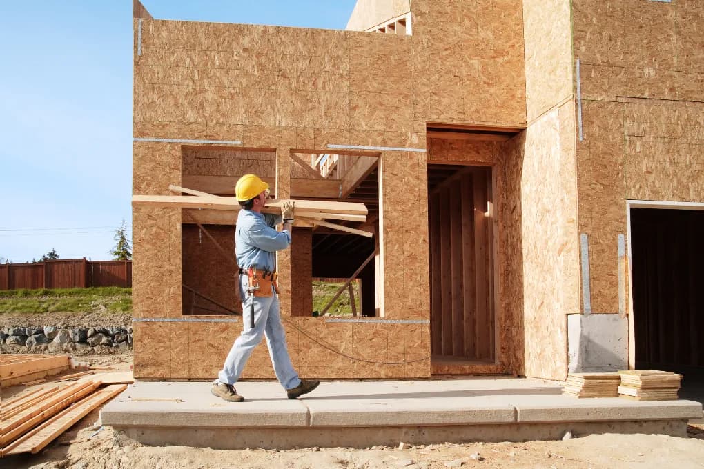 man wearing yellow hard hat carrying lumber on construction site