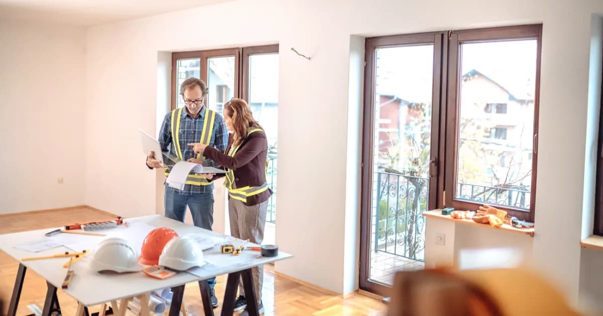 Two workers planning out a home renovation.